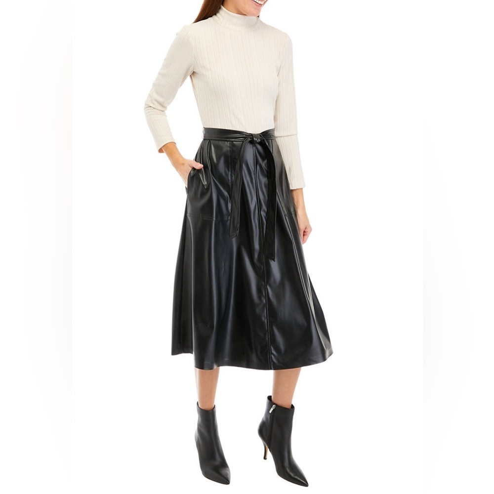✨ Maison Tara Knit Faux Leather Long Sleeve Dress